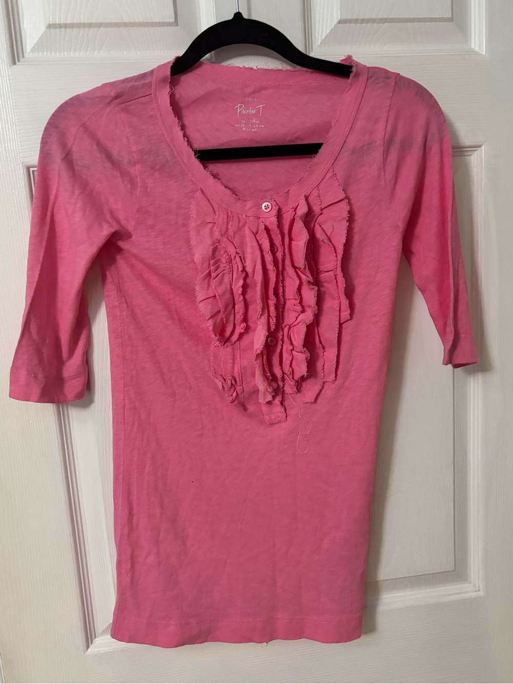 J Crew Pink Ruffle Front Tee